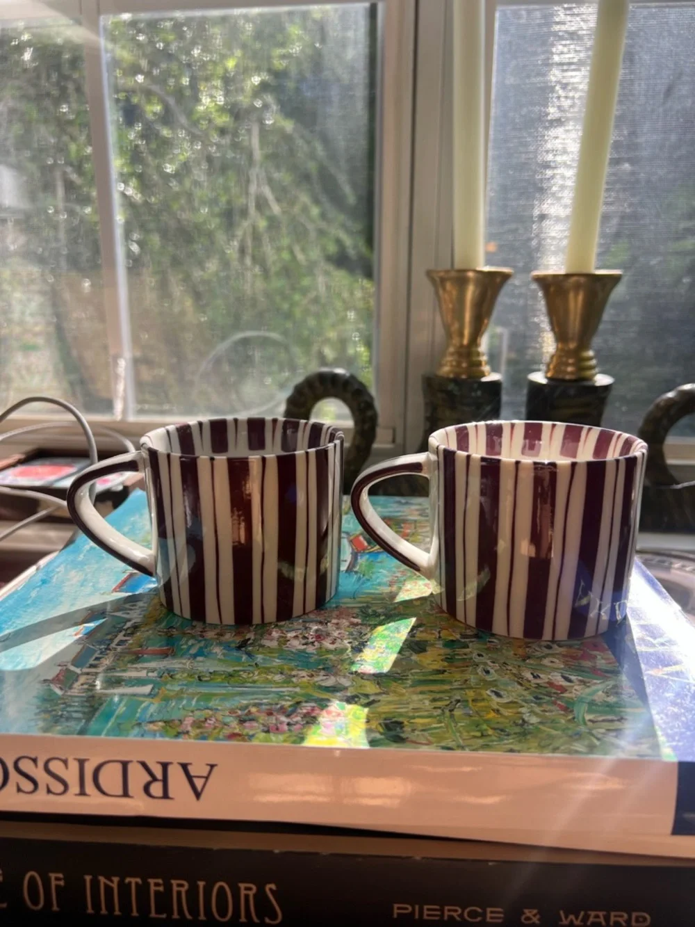 Noon &‎ Moon Cherry Lacquer Striped Espresso Cups Set of 2 Demitasse NWOB